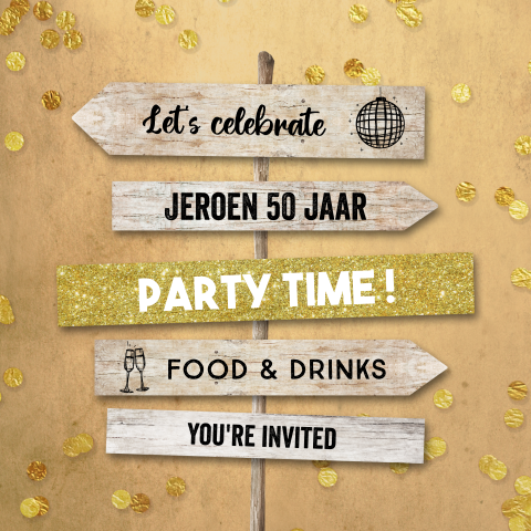 Uitnodiging verjaardag met wegwijzer en confetti