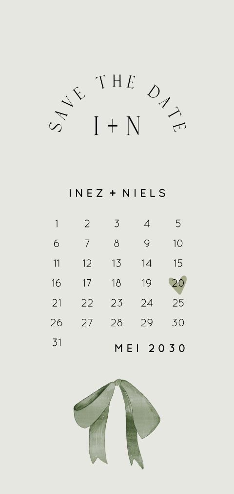 Save the date in zacht groen met kalender en strikje