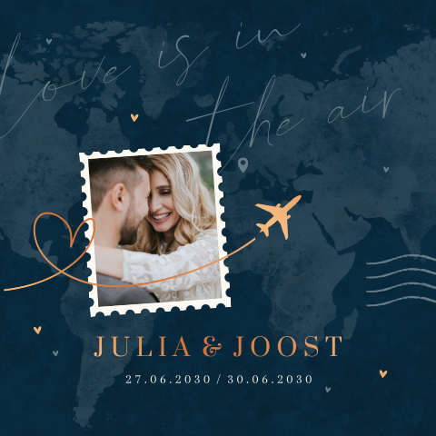 Trouwkaart blauw paspoort met foto en koperfolie