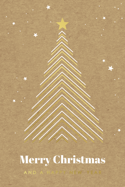Stijlvolle kerstkaart met kerstboom in goudfolie op kraftlook