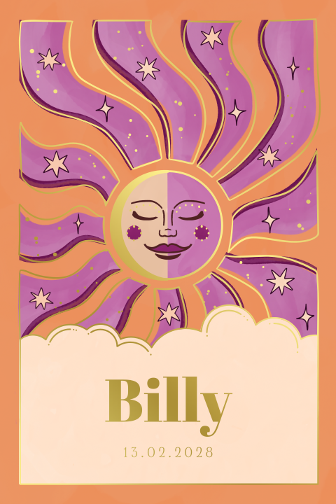 Geboortekaartje celestial met kleurrijke zon en goudfolie