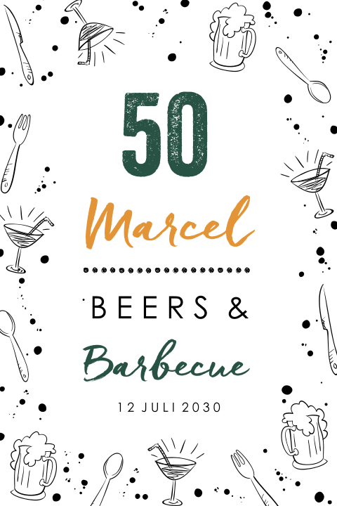 Uitnodiging tuinfeest 50e verjaardag met bbq en vrolijke illustraties