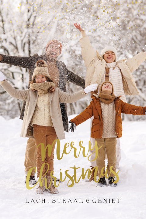 Kerstkaart met foto en sierlijke letters in goudfolie