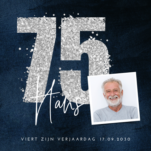Uitnodiging verjaardag 75 jaar zilveren glitter