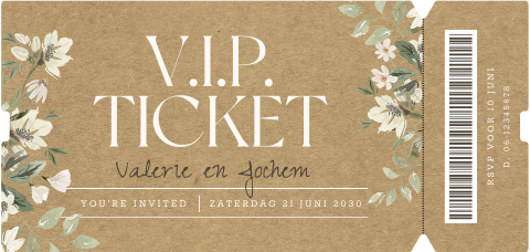 Vip ticket trouwkaart in kraftlook met bloemen