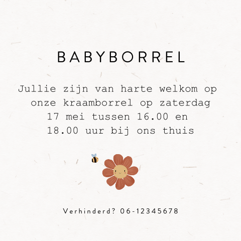 Vrolijk kraamborrel kaartje met bloem