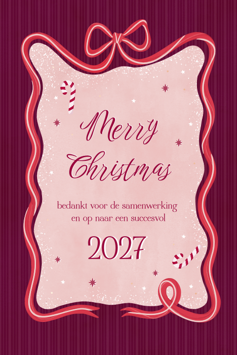Rode kerstkaart zakelijk met strik en zuurstokken