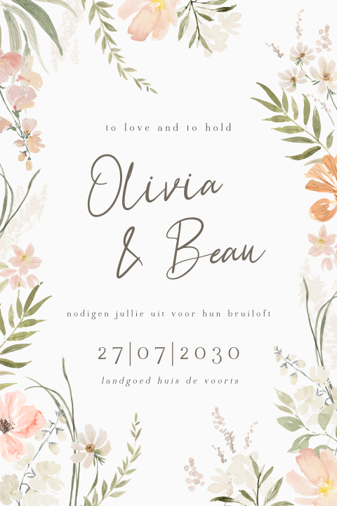 Romantische trouwkaart met aquarel bloemen in pastelkleuren