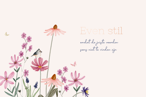 Roséfolie condoleancekaart met kleurrijke bloemen en vogeltje