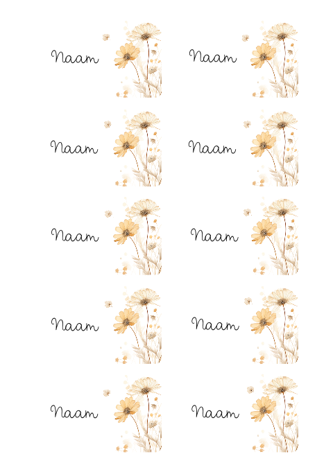 Naamkaartjes bruiloft met bloemen in beige en geel