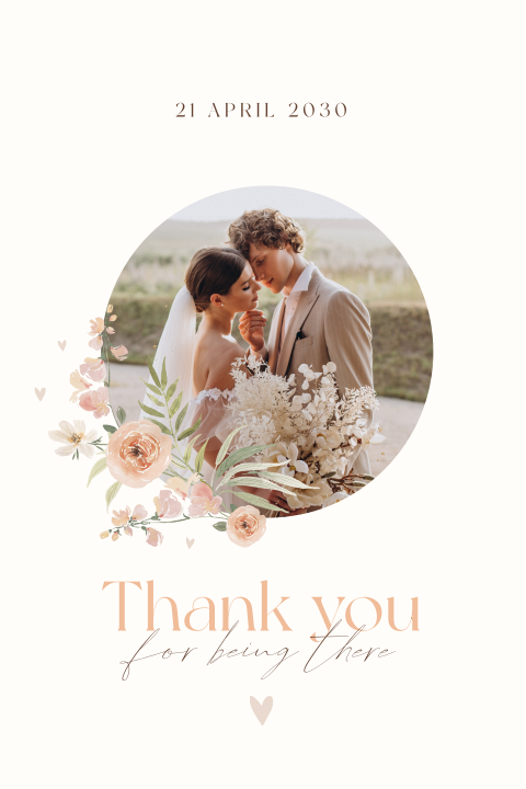 Bedankkaart bruiloft met foto en romantische bloemen