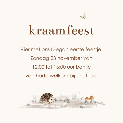 Kraamfeest uitnodiging met lief egeltje