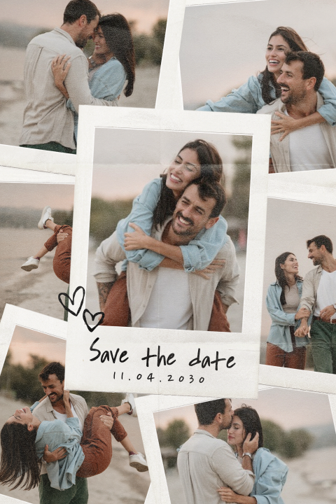 Save the Date kaart met fotocollage in polaroidstijl en hartjes