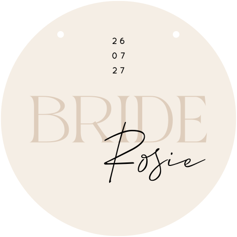 Stoelbordje bruiloft rond in neutrale kleuren "Bride"
