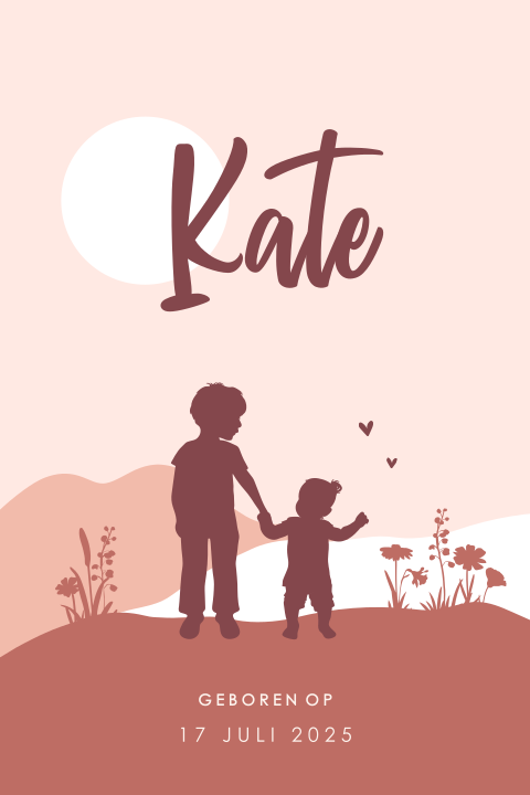 Lief geboortekaartje voor een zusje met silhouetten