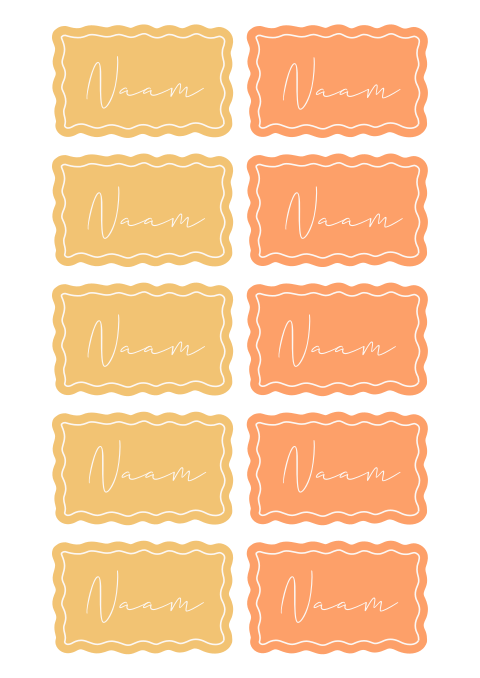 Naamkaartjes bruiloft met golvende rand in oranje en geel