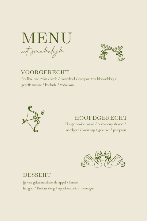 Menukaart bruiloft met klassieke illustraties in groen