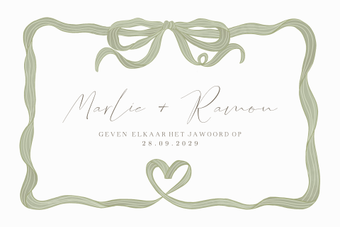 Klassieke trouwkaart met een getekend groen strikje