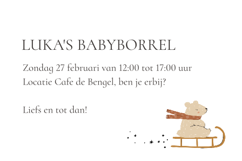 Winters kraamborrelkaartje met beertje op slee