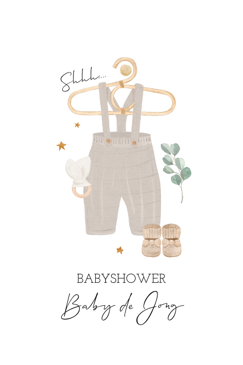 Uitnodiging babyshower met tuinbroekje in neutrale kleuren