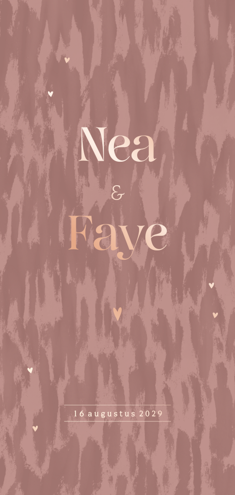 Geboortekaartje tweeling met roze structuur achtergrond en roséfolie