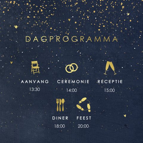 Dagprogramma bruiloft met spetters en goudfolie