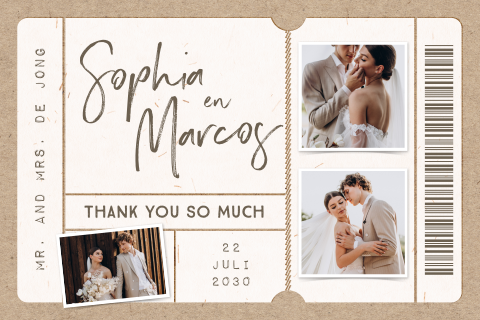 Vintage bedankkaart bruiloft in ticketvorm met foto's