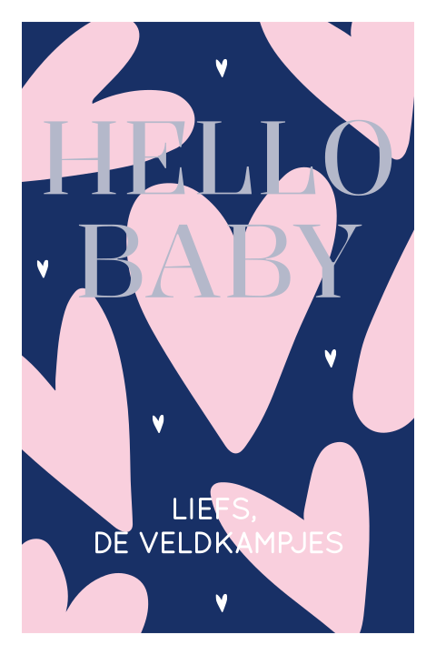 Felicitatiekaart geboorte in donkerblauw met grote roze harten