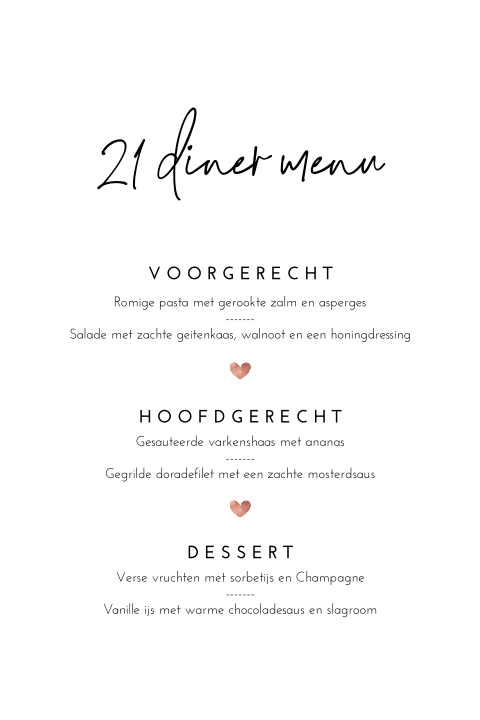 Menukaart twenty one dinner clean