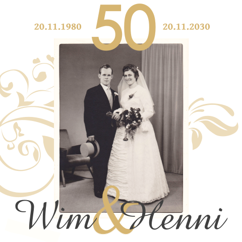 50 jaar getrouwd uitnodiging met goud en zwart-wit foto