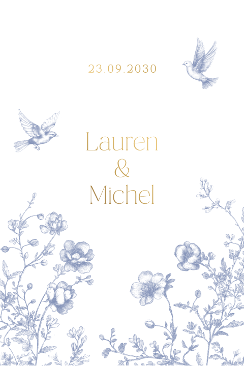 Stapelkaart bruiloft in Toile de Jouy stijl met mat goudfolie