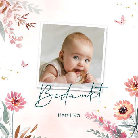 Bedankkaart geboorte met eigen foto en bloemen
