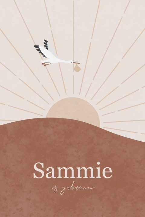 Geboortekaartje neutraal met zon en ooievaar