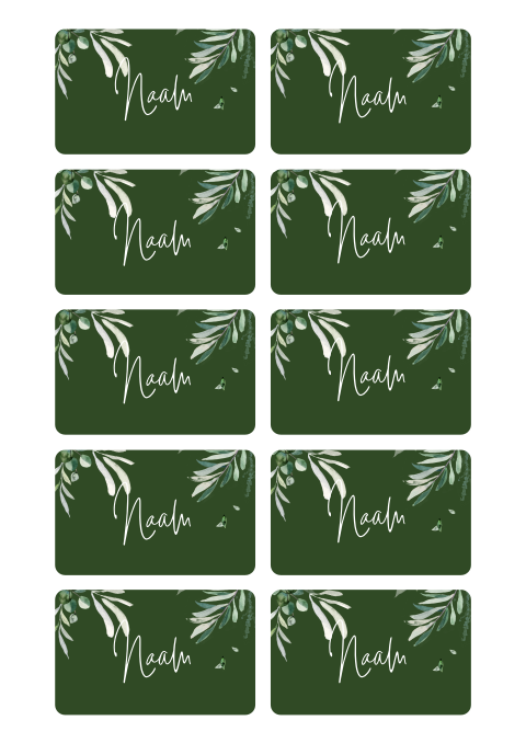 Naamkaartjes bruiloft met watercolor blaadjes en groene achtergrond