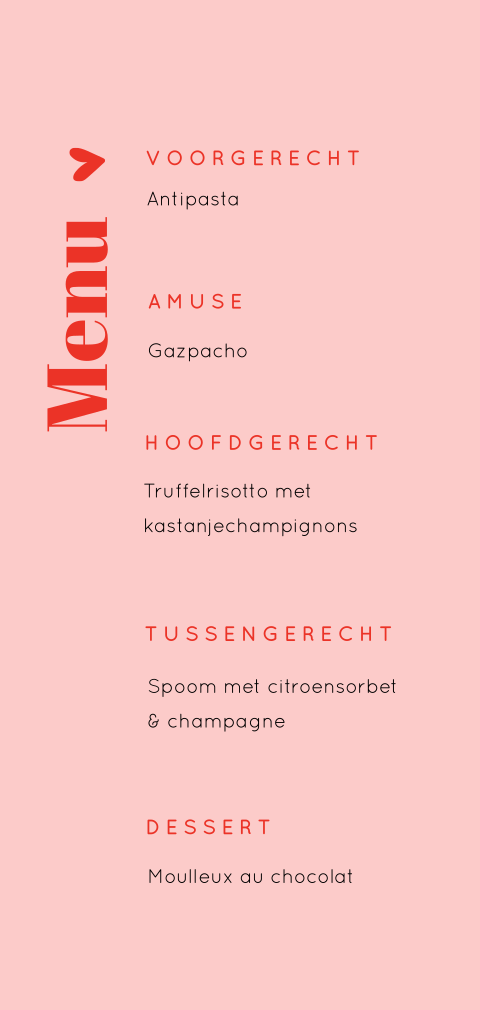 Menukaart 21 diner colourblocking roze/rood