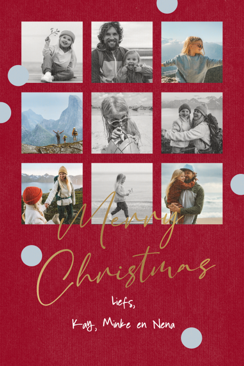 Kerstkaart in rood met fotocollage, stippen en matgoudfolie