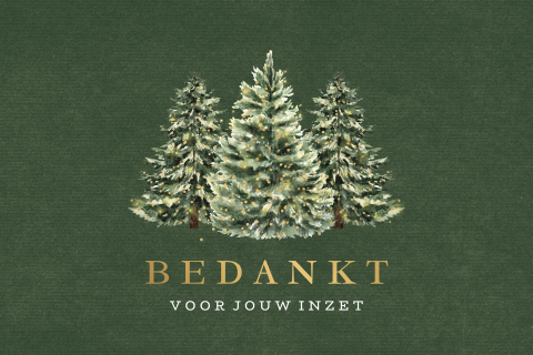 Zakelijke kerstkaart in donkergroen met kerstbomen en matgoudfolie