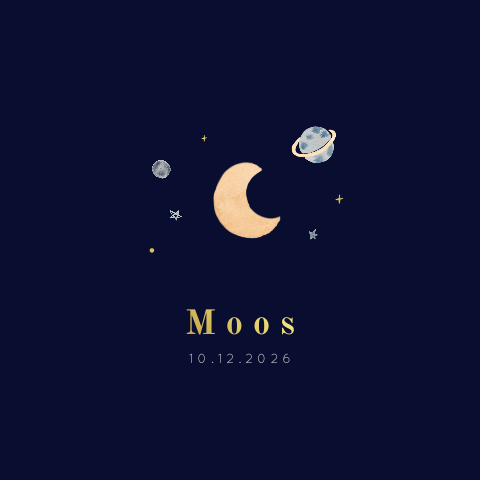 Geboortekaartje met planeten en maan voor jongen met goudfolie