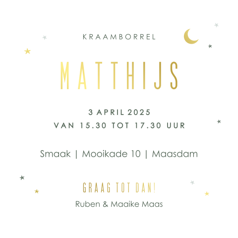 Babyborrelkaartje met sterren en maantje in goudfolie