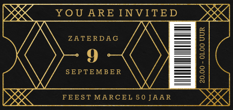 Uitnodiging 50 jaar verjaardag ticket zwart goud