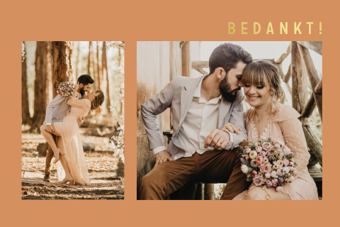 Bedankkaart bruiloft met foto's en goudfolie