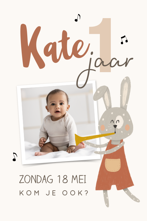 Uitnodiging kinderfeestje 1 jaar met foto en vrolijk haasje
