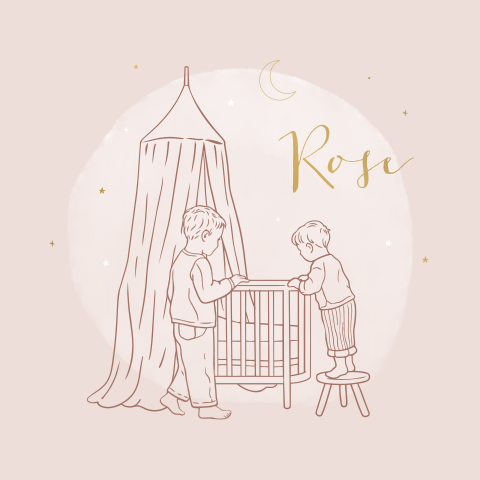 Lief geboortekaartje zusje in roze met lijntekening en mat goudfolie