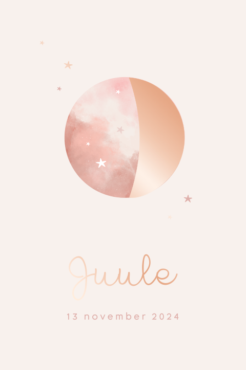 Geboortekaartje meisje met maanstand in roségoudfolie