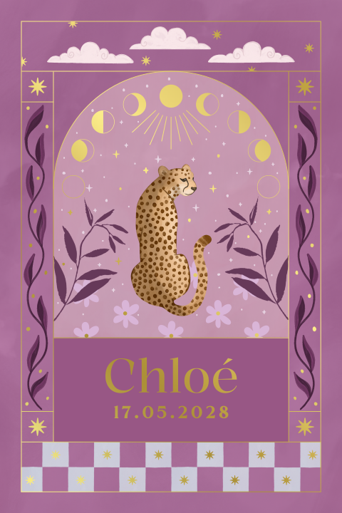 Geboortekaartje cheetah en maanstanden met goudfolie - meisje