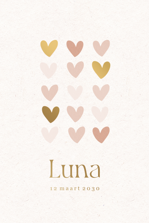 Lief geboortekaartje meisje met hartjes en mat goudfolie