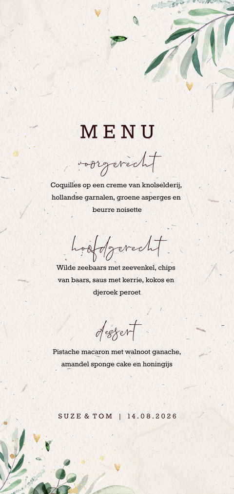 Menukaart bruiloft met botanische elementen
