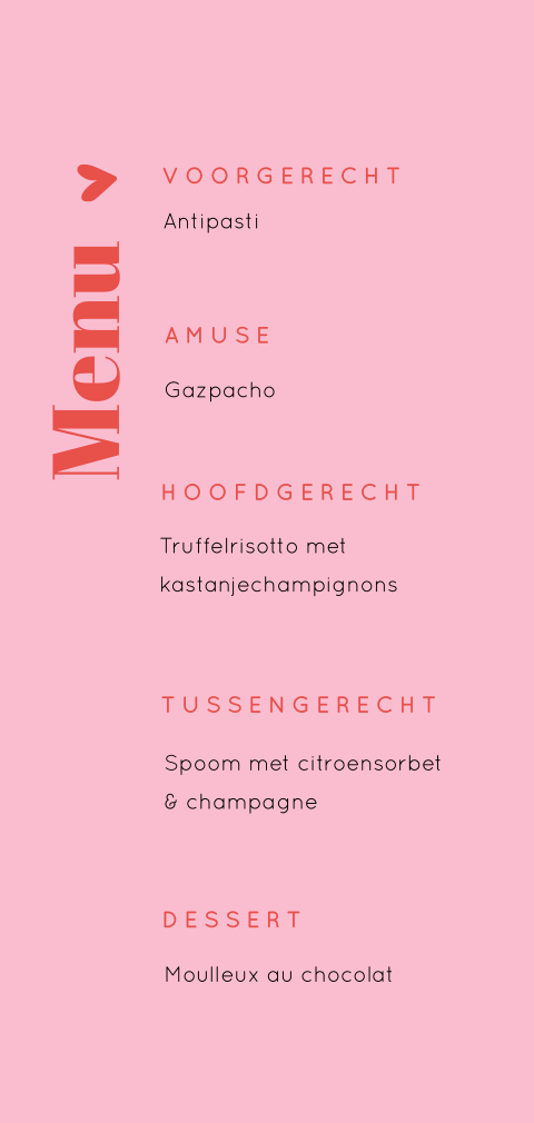 Menukaart color blocking in roze en rood