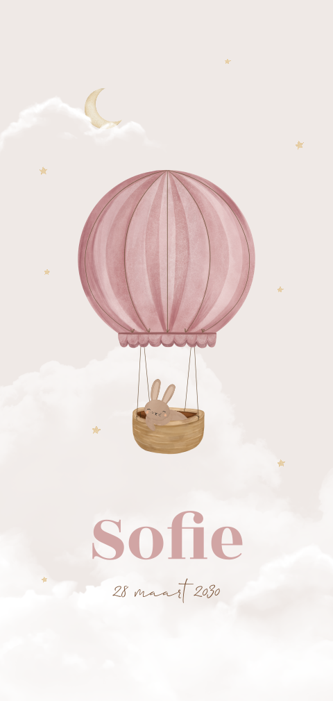 Geboortekaartje met luchtballon en konijntje
