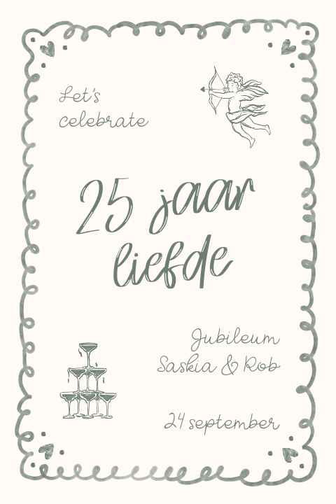 Vrolijke uitnodiging 25 jaar getrouwd met illustraties en speels kader